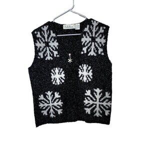 Vtg Belle Pointe Sweater Vest M Snowflake Metallic Retro Holiday Wool Blend Zip